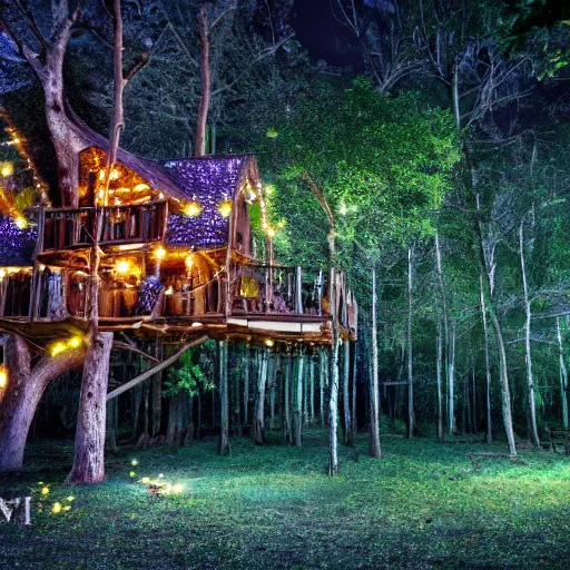 Prompt: a professional photograph of a treehouse village in a forest covered in fairy lights, HD, high quality, highly detailed, award-winning