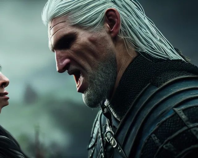 Image similar to 5 5 mm portrait photo of geralt cowering while being yelled at by yennefer of vengerberg. magical atmosphere. art by greg rutkowski. highly detailed 8 k. intricate. lifelike. soft light. nikon d 8 5 0.