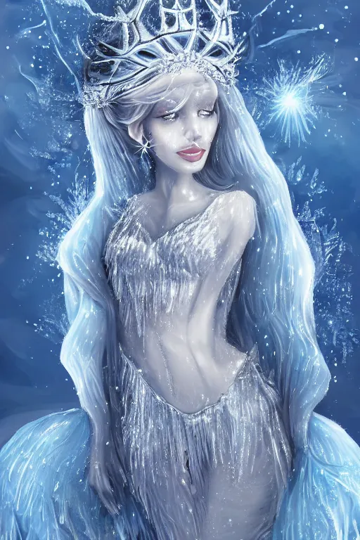 Image similar to an ice queen covered in ice crystals in the style of andrei martin, highly detailed,