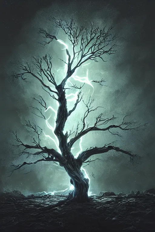 Prompt: a tree with lightning branches, overexposure, electricity, night, unreal engine, digital art, 8 k, oil painting, fantasy art, illustration, detailed and intricate environment