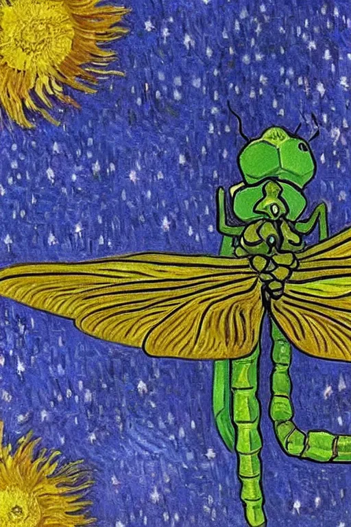 Prompt: symmetrical!!! looking at the camera!! dragonfly!! by vincent van gogh, starry night, big eyes, delicate wings