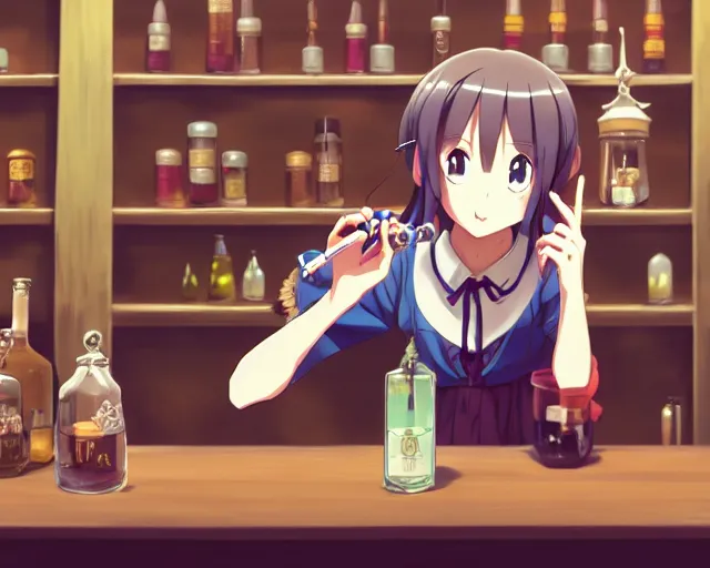 Prompt: anime visual, portrait of a young female traveler drinking a potion in a alchemist's shop interior, cute face by yoh yoshinari, katsura masakazu, cinematic lut, cool studio lighting, dynamic pose, dynamic perspective, strong silhouette, anime cels, ilya kuvshinov, cel shaded, crisp and sharp, rounded eyes, moody