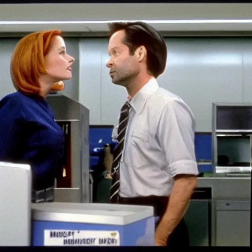 Image similar to mulder and scully investigate the fridge at the dmv, television still