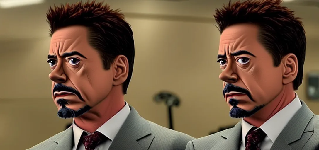 Image similar to a very high resolution image of tony stark. from an episode of the office with micheal scott. photorealistic, photography