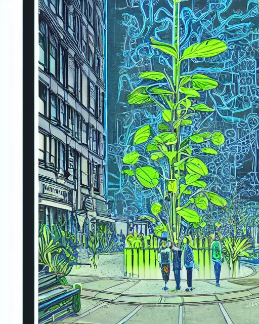 Image similar to london street scene by james jean, green plants, blue light, fine details