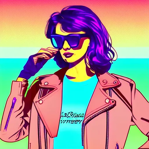 Prompt: a woman with light blue shutter shades in front of a sunset, a dark purple leather jacket, one side brown haircut with blue tips on the end, vector art by jan tengnagel, pixabay contest winner, retrofuturism, retrowave, synthwave, outrun, portrait, synthwave