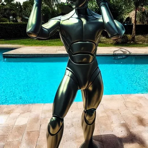 Image similar to “a realistic detailed photo of a guy who is an attractive humanoid who is half robot and half humanoid, who is a male android, twitch streamer Ninja Tyler Blevins, shiny skin, posing like a statue, blank stare, by the pool, display”