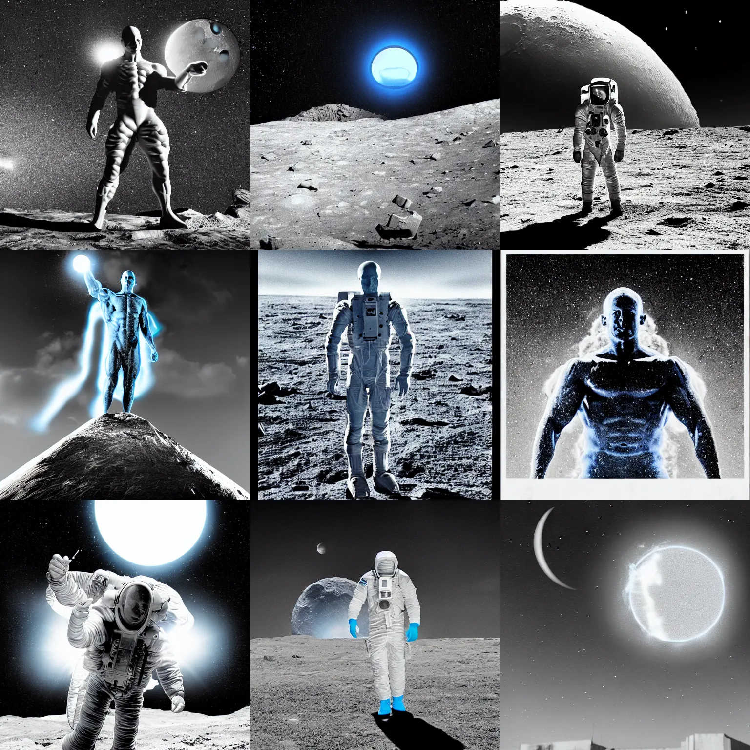 Prompt: dr Manhattan blows up the moon, selective color effect, cinematic, wide angle cinematography
