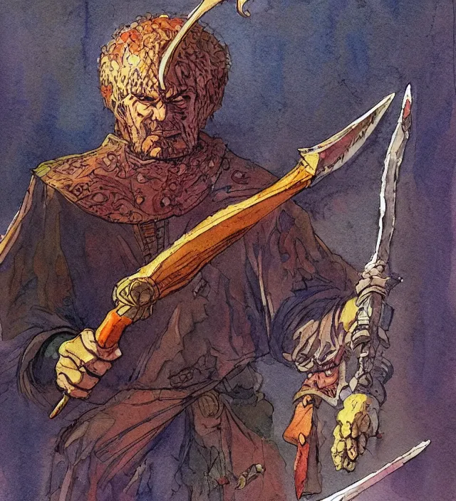 Image similar to a watercolor ink painting of a warmage holding an executioner's sword in the style of jean giraud in the style of moebius trending on artstation deviantart pinterest detailed realistic hd 8 k high resolution