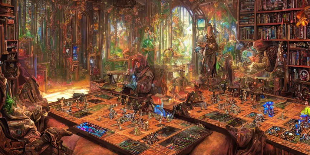 Prompt: beautifully detailed scene of a cyberpunk hyperborean magitech esoteric play and games scholar floral patterned robes in his study with holographic machinery, board games, chess contraptions, video game consoles, controllers, large crt monitors, books light projection mystical outdoor temple natural scene