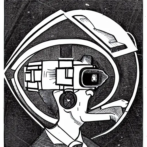 Image similar to a m. c. escher style drawing of a man with a vr helmet