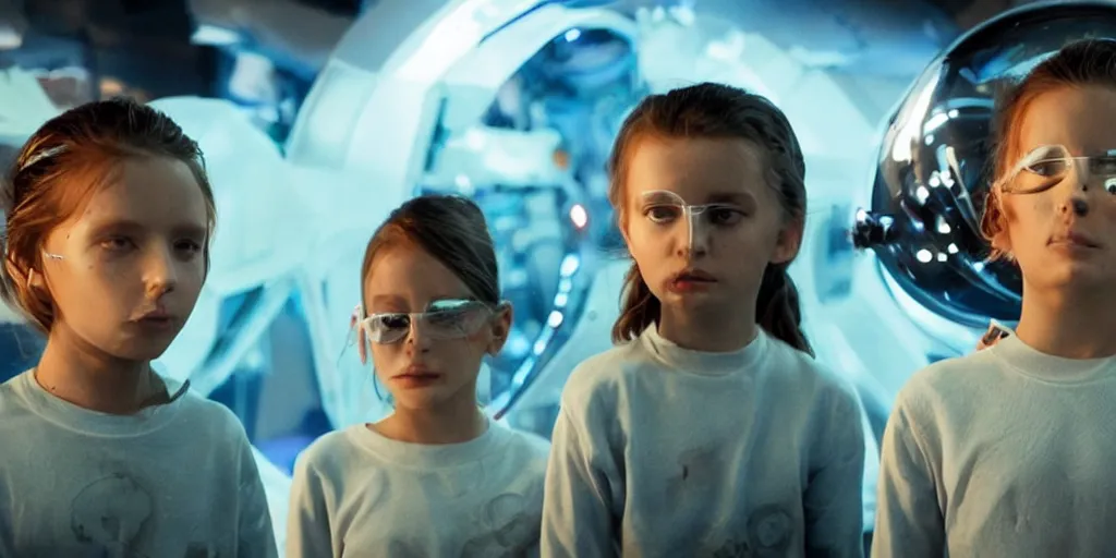 Image similar to futuristic children with rgb ambient lighting eye implants. the children wears spacesuits, and explores the cosmos rocket powered motorcycles. science fiction blockbuster movie teen nebulous or my robot ate my homework, dramatic lighting, interstellar film ( 2 0 1 4 )