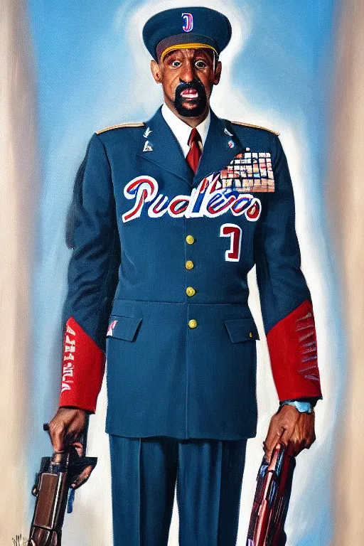 Image similar to full body portrait of the dictator of the philadelphia 7 6 ers, 1 9 5 5, in full military garb, oil on canvas by william sidney mount, trending on artstation