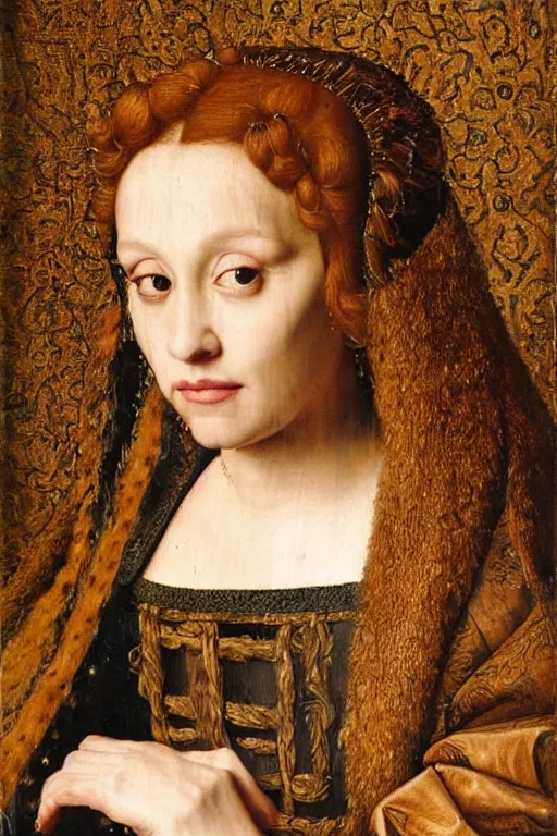 Image similar to portrait of ariana grande oil painting by jan van eyck, northern renaissance art, oil on canvas, wet - on - wet technique, realistic, expressive emotions, intricate textures, illusionistic detail