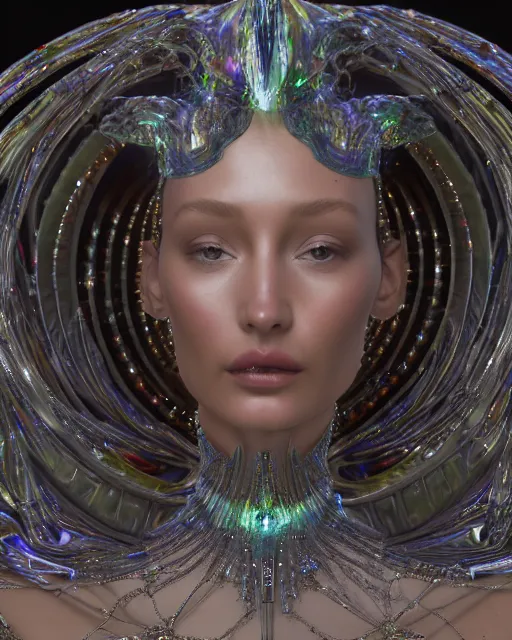 Image similar to a highly detailed metahuman 4 k close up render of an alien goddess bella hadid monument tool music videos in iris van herpen dress schiaparelli in diamonds crystals swarovski and jewelry iridescent in style of alphonse mucha gustav klimt trending on artstation made in unreal engine 4