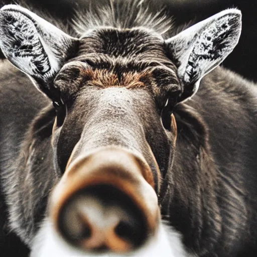 Prompt: close - up fisheye photo of a moose's face