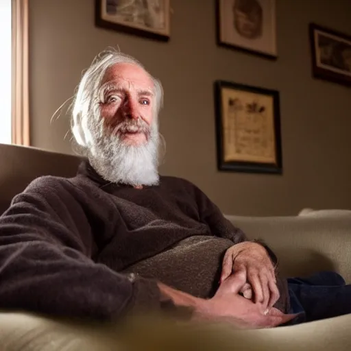 Image similar to cozy wide picture of older handsome lord richard is sitting gracefully on a sofa, his eyes look wise, happy wise. he has bouncy belly, oh he is a human by the way