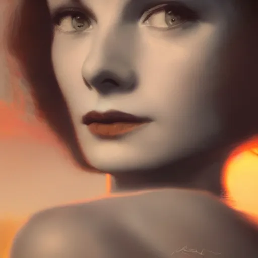 Image similar to a closeup portrait of a young vivian leigh, lake background, gorgeous view, sunset, film noir, serene, high detail, depth, masterpiece by greg rutkowski, digital art, trending on artstation