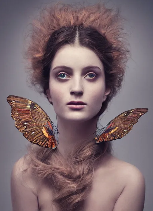 Prompt: Kodak Portra 400, 8K, soft light, volumetric lighting, highly detailed, britt marling style 3/4 , portrait photography of a beautiful woman by Flora Borsi, face merging with wings of Butterfly, symbolic metamorphosis complex 3d render , 150 mm lens, art nouveau fashion embroidered, intricate details, elegant, hyper realistic, ultra detailed, octane render, etheric, outworldly colours, emotionally evoking, head in focus, fantasy, ornamental, intricate, elegant, 8K, soft light, volumetric lighting, highly detailed, Refined, Highly Detailed, soft pastel lighting colors scheme, fine art photography, Hyper realistic, photo realistic