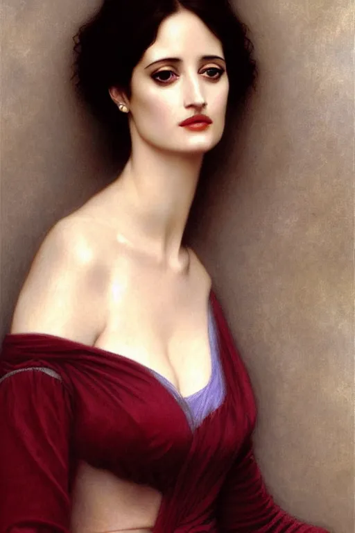 Image similar to eva green angeline jolie in velvet dress painting by rossetti bouguereau, detailed art, artstation