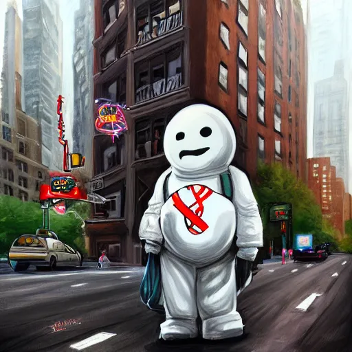 Image similar to a giant ghostbusters stay puff marshmallow man wearing timberland shoes and a yankee hat smoking a joint walking in new york city, highly detailed portrait, digital painting, artstation, artstation hq