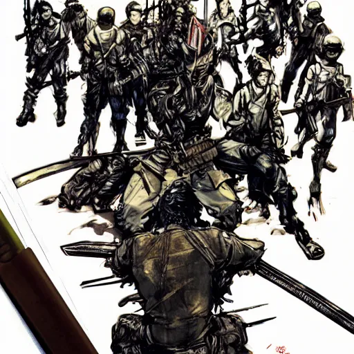 Image similar to hero sitting on a chair holding a sword on his back, looking at a army in the background illustrated by yoji shinkawa, pencil art, extra detail, dynamic, colored, blood, metal swords, sharp lines, textures, cyberpunk, handsome face