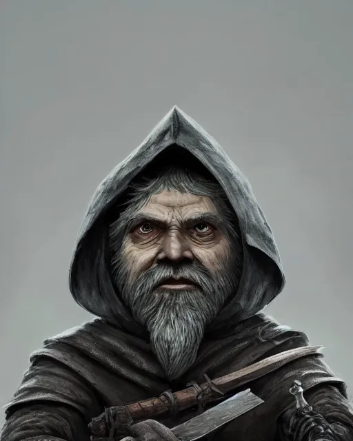 Prompt: A head and shoulder portrait of a DnD deep gnome rogue with grey skin, two daggers at his waist and he is wearing a black hood by Greg Rutkowski, Sung Choi, Mitchell Mohrhauser, Maciej Kuciara, Johnson Ting, Maxim Verehin, Peter Konig, final fantasy, 8k photorealistic, cinematic lighting, HD, high details, dramatic, epic atmosphere, trending on artstation