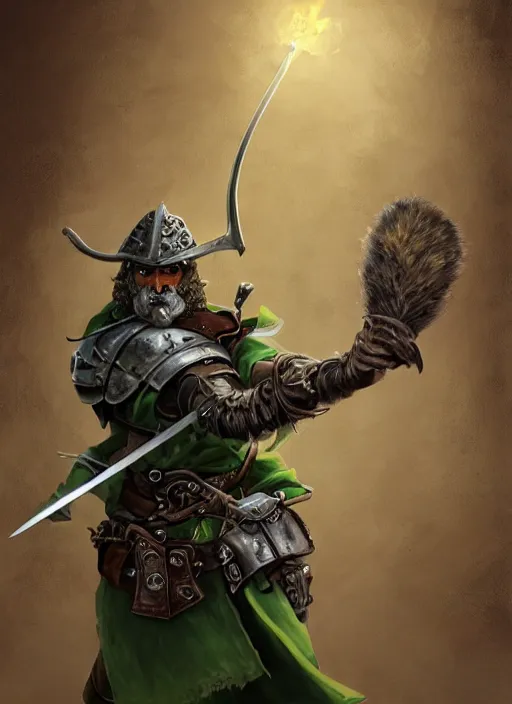 Image similar to strong young man, photorealistic bugbear ranger holding sword, fire magic, black beard, dungeons and dragons, pathfinder, roleplaying game art, hunters gear, jeweled ornate leather and steel armour, concept art, character design on white background, by norman rockwell, makoto shinkai, kim jung giu, artstation trending, poster art, colours red and green