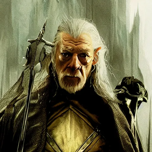 Image similar to lord of the rings, cyberpunk middle earth, sci - fi, futuristic, dystopian, gandalf, gollum, frodo