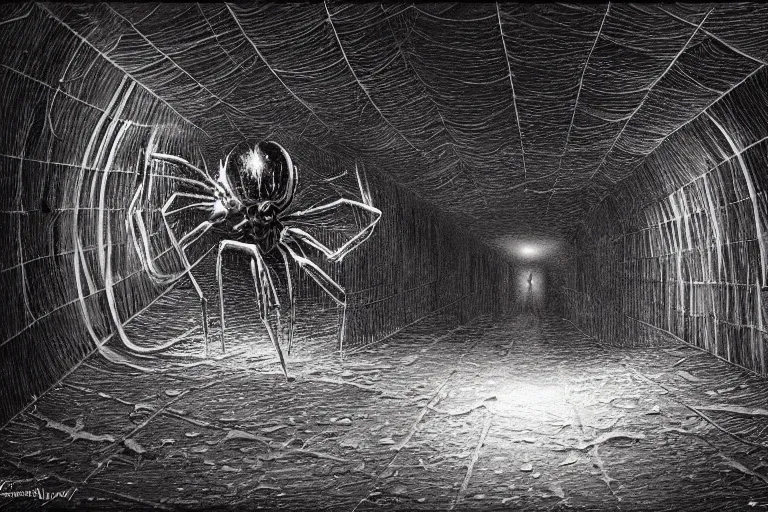 Prompt: a monstrous spider in a dark tunnel, cobwebs, atmospheric, in the style of jeff easley, dramatic lighting, low angle, wide angle, hyper - realistic, highly detailed digital art