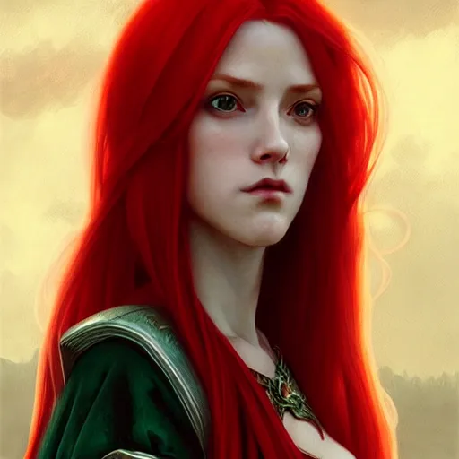 Image similar to long fancy red hair mage, portrait, gentle, scowl, cloth, female, city background, d & d, fantasy, intricate, elegant, digital painting, red green color palette, artstation, octane render, concept art, matte, sharp focus, illustration, herrarthstone, art by artgerm and greg rutkowski and alphonse mucha