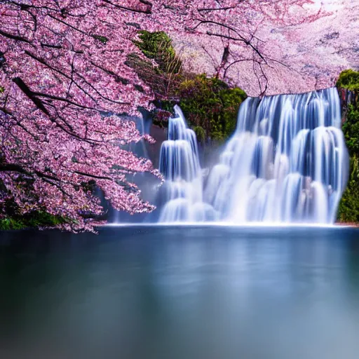 Image similar to a majestic cinematic realistic photoshoot of a beautiful forest with waterfalls, beautiful blue sky's, and birds, with a giant cherry blossom tree in the center, 4 k, coherent, incredibly detailed