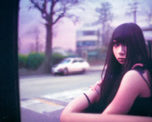 Image similar to lomo photo of shy goth girl sitting in empty bus, sunset, cinestill, bokeh