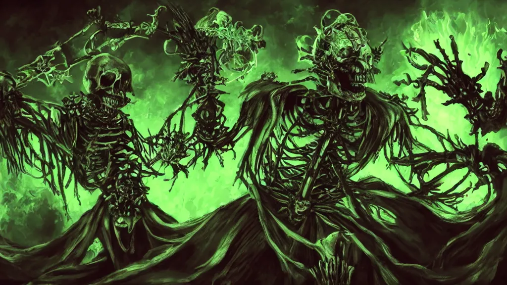 Prompt: an artwork of a skeleton overlord magician casting a spell with green ornaments, dark souls style