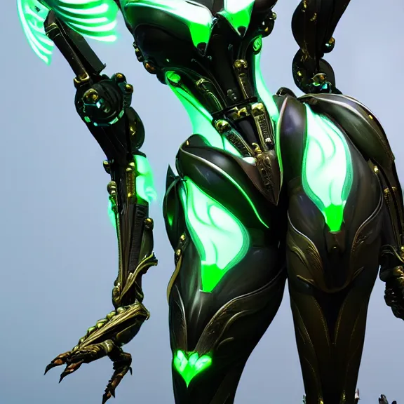 Prompt: extremely detailed giantess shot, close front shot, of a detailed stunning female warframe, that's a giant beautiful stunning anthropomorphic robot female dragon, 300 feet tall, standing majestically on a mountain, elegant pose, robot dragon claws, streamlined glowing green armor, detailed sharp metal claws, thick warframe robot legs, long elegant tail, detailed warframe fanart, destiny fanart, high quality digital art, giantess art, furry art, warframe art, Destiny art, furaffinity, DeviantArt, artstation, 8k HD, octane render