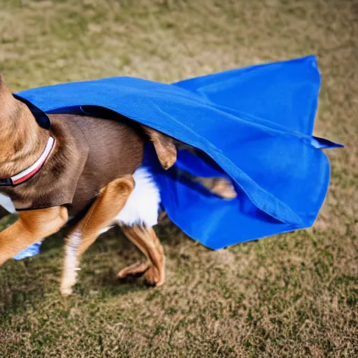 Prompt: light brown female dog wearing a blue superhero cape, she's flying through the sky. As photograph