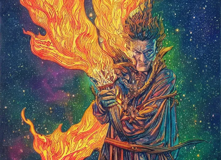 Image similar to high intricate colored ink drawing of the sandman holding a glimmering fire - galaxy, full shot, neil gaiman, maria panfilova, andrea savchenko, mike kime, ludovic plouffe, qi sheng luo, oliver cook, julian calle, eddie mendoza, trending on artstation