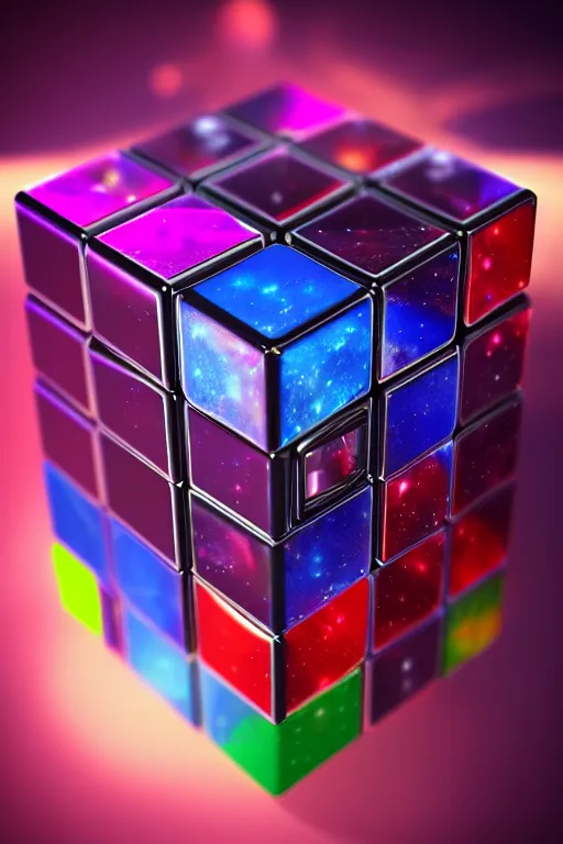 Image similar to four dimensional parallel universe cosmic rubik's cube hypercube tesseract with wormholes, energy, galaxies and cubes around it. epic, dramatic, cinematic, digital art, octane render, blender, 8 k, hyperrealistic, trending on artstation