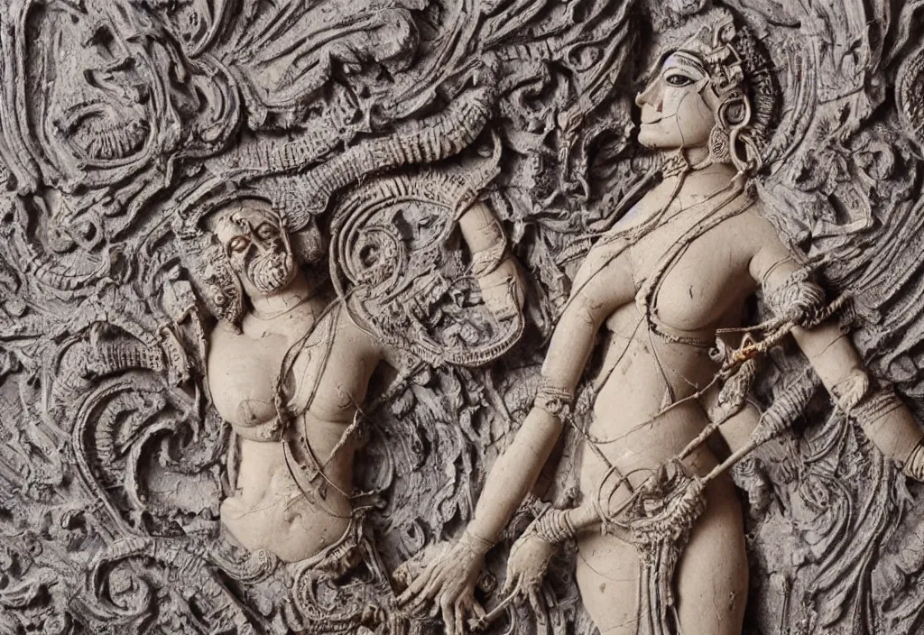 Prompt: high relief indian sculpture of cyborg demon woman, made of polychrome plaster stucco, black metallic paint, middle eastern, cracked, dirty, low relief rococo style patterns on border, realistic, on a large marble wall, highly detailed, photography, high contrast, masterpiece,