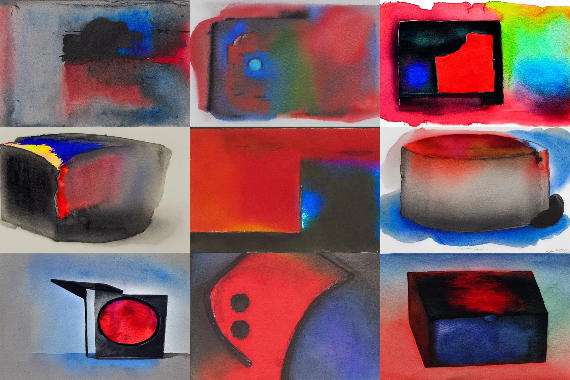 Prompt: a rough watercolour pen light of a black iridescent box with an scarlet eye, vivid, painterly, ethereal, chiaroscuro, thick brushstrokes, ominous by alberto burri, tachisme, blue, black, iridescence colors, iridescent neon, gradient iridescence colors