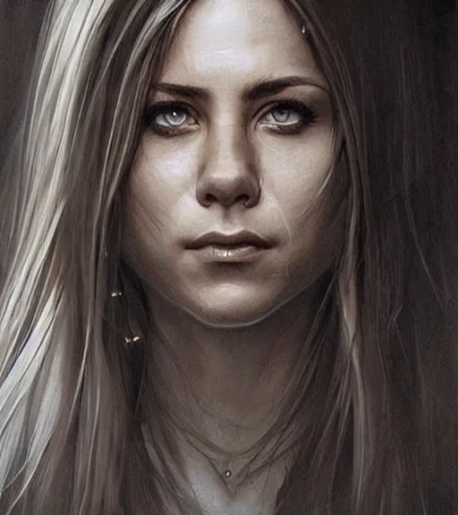 Prompt: aniston, beautiful piercing eyes, realistic face, drawing, in the style of greg rutkowski, fantasy, amazing detail, epic, intricate, elegant, smooth, sharp focus