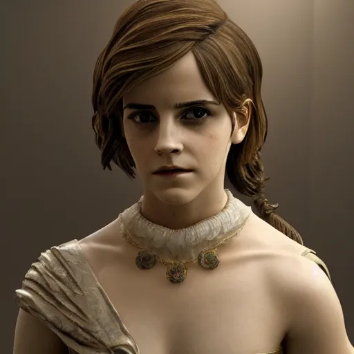 Image similar to emma watson as as a baroque marble statue, hyper realistic, unreal render engine, studio shot, dynamic light, gallery