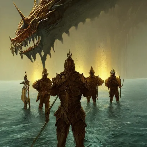 Prompt: 7 knights in golden armor watching a dead dragon body crushed in a lake, fantasy, highly detailed, digital painting, artstation, concept art, illustration, art by Greg Rutkowski and Marc Simonetti