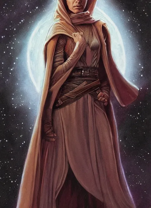 Image similar to concept art of a beautiful woman by iain mccaig and magali villeneuve, jedi master, highly detailed. star wars expanded universe, she is about 2 0 years old, wearing jedi robes.