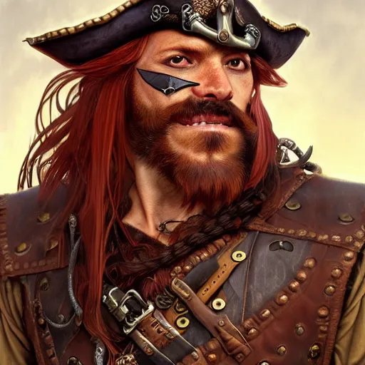 Prompt: portrait of a boar pirate with tusks, male, handsome, masculine, full body, red hair, long hair, soft hair, fantasy, intricate, elegant, highly detailed, steampunk, airship, digital painting, artstation, concept art, character art, smooth, sharp focus, illustration, art by artgerm and greg rutkowski and alphonse mucha