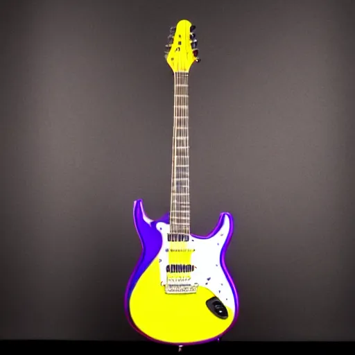 Prompt: yellow and purple swirl electric guitar, studio lighting