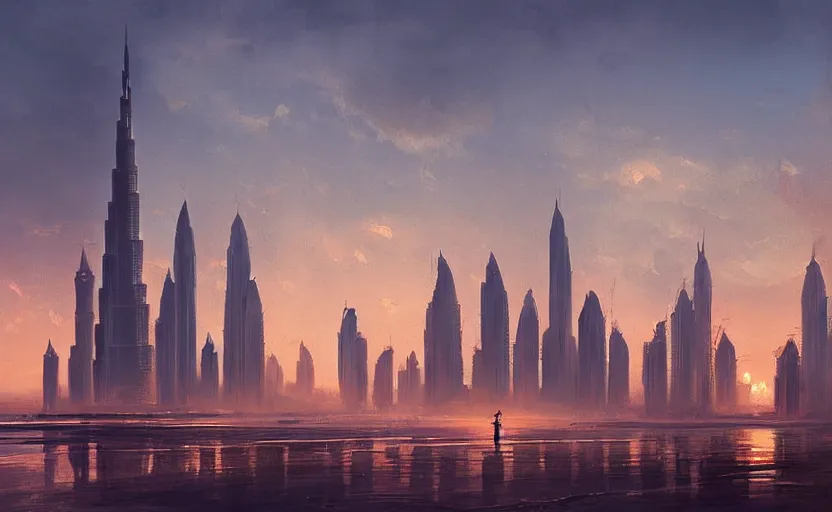 Prompt: painting of skyline of dubai at sunset, natural light, concept art, by greg rutkowski, cozy atmospheric and cinematic lighting