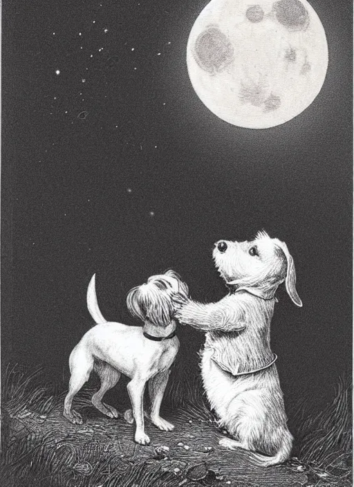 Image similar to candid portrait of jack russel dog looking up barking at the moon, night sky, highly detailed, side view, illustrated by peggy fortnum and beatrix potter and sir john tenniel