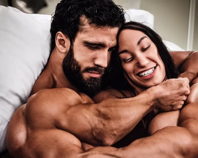 Image similar to cuddling with a bodybuilder, hugging an athlete, squishing muscles, comforting, wholesome, sweet, kindhearted, adorable, romantic, platonic