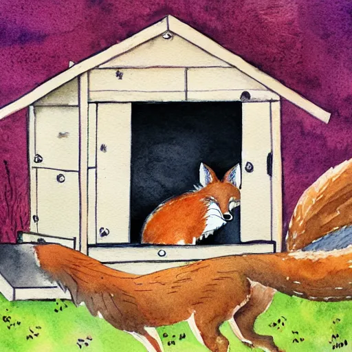 Image similar to fox in a hen house, watercolor illustration,